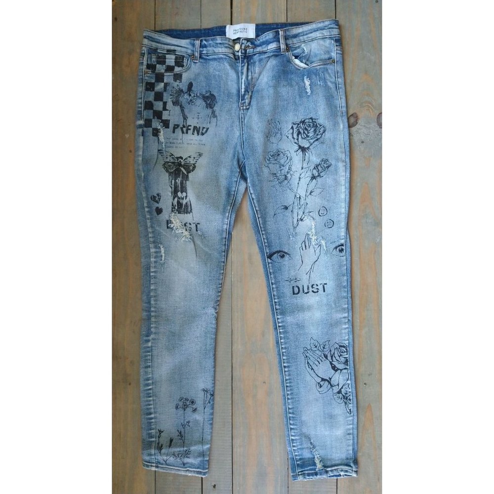 Profound Aesthetic Skinny Printed Men’s Denim Light Wash Blue Jeans 38X33